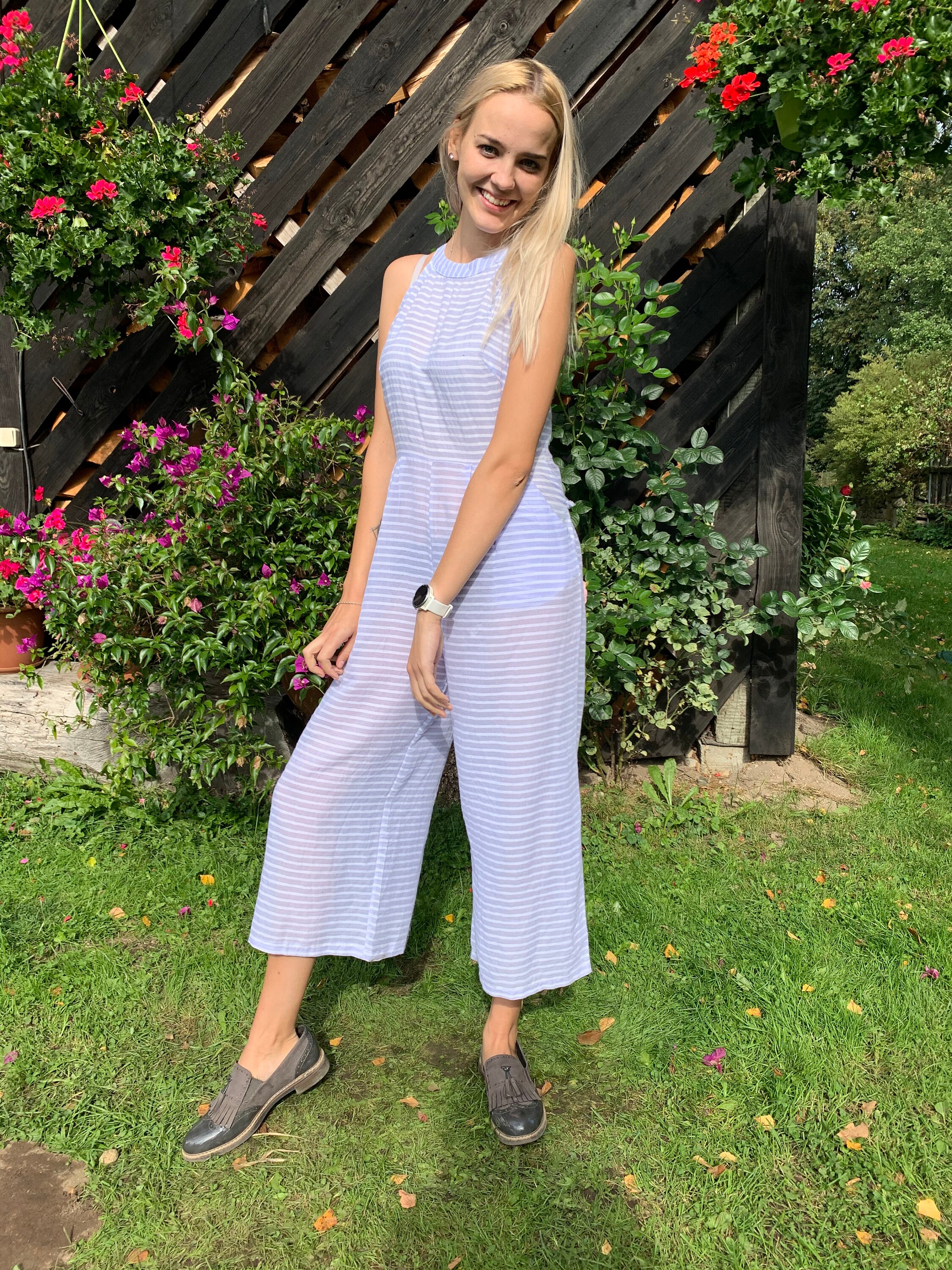 Light Blue Striped Cotton Blend Overall One Piece Romper Jumpsuit