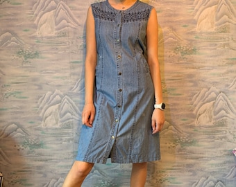 Vintage Light Denim Jeans Sleevless Dress Mini Jeans Dress Adjustable Waist Dress Midi Robe Bouton Up Robe Boho Taille Moyenne à Grande