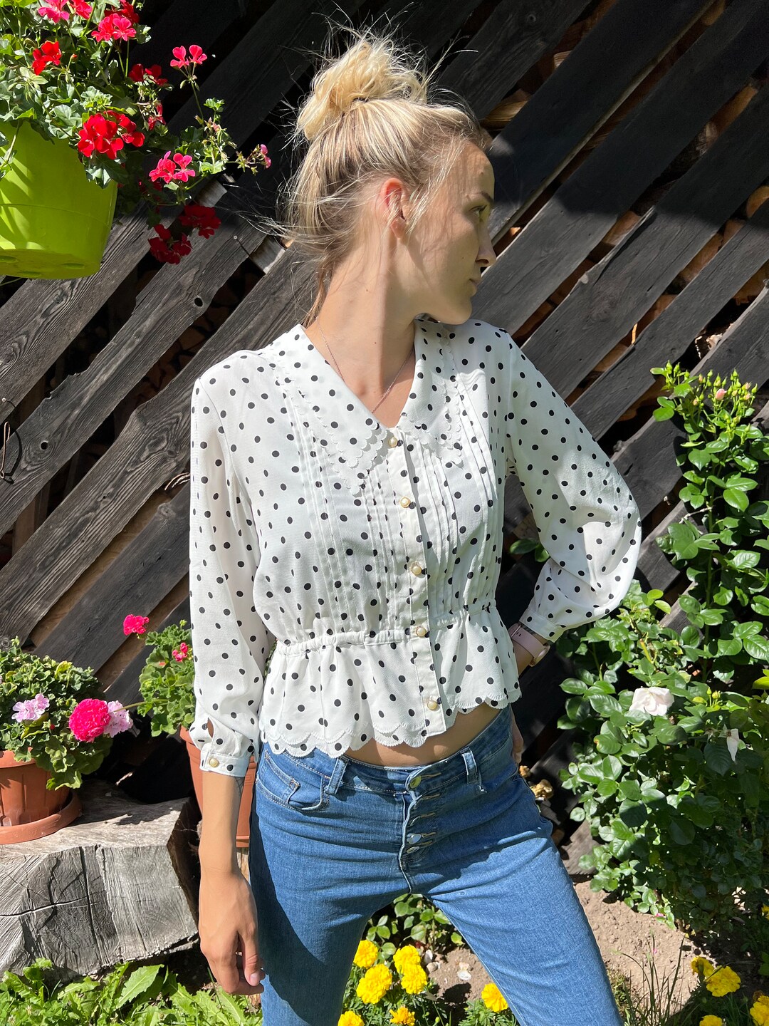 Vintage Women's Ivory White Dots Shirt Balloon Style Comfortable