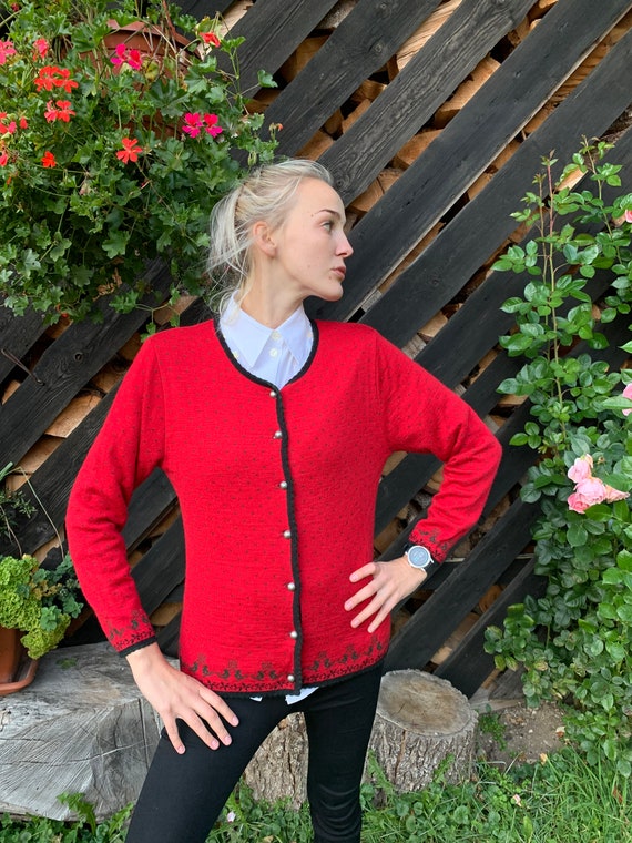 Vintage Knitted Austrian Cardigan SchurWool Red C… - image 1