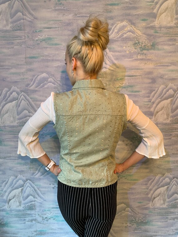 Vintage Women Embroidered Mint Denim Vest Medium … - image 3