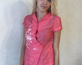 Peach Asian Blouse Asian Shirt Chinese Style Shirt Peach Blouse Asian Blouse Embroidered Blouse Medium size Shirt