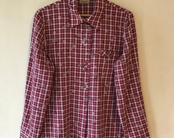 Vintage Austrian Shirt Women's Purple Blouse Plaid Long Sleeve Shirt Checkered Folk Traditional Bavarian Shirt Size Medium Trachten Blouse