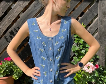 Vintage Denim Vest Large Size Jeans Vest Button Up Vest Embroidered floral Denim Jeans Waistcoat Blue Denim Vest Everyday Denim Vest