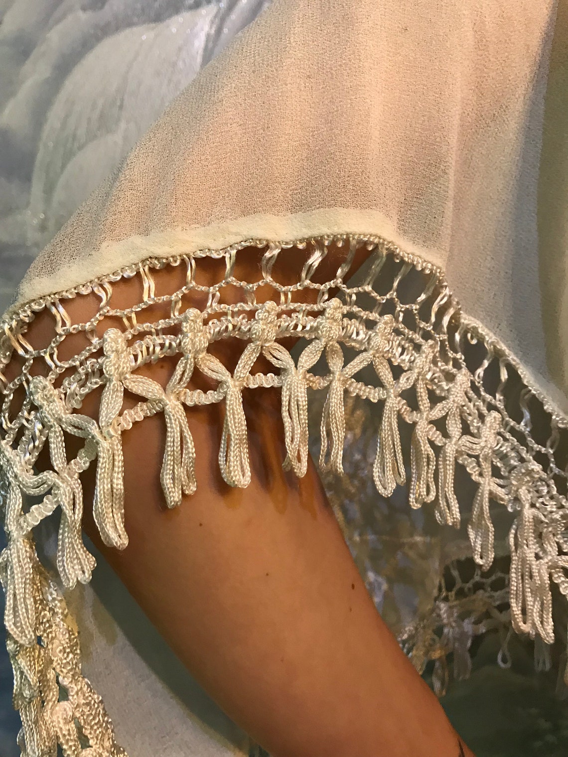 Download Vintage Ivory White Embroidered Sheer crochet Scarf Sheer ...