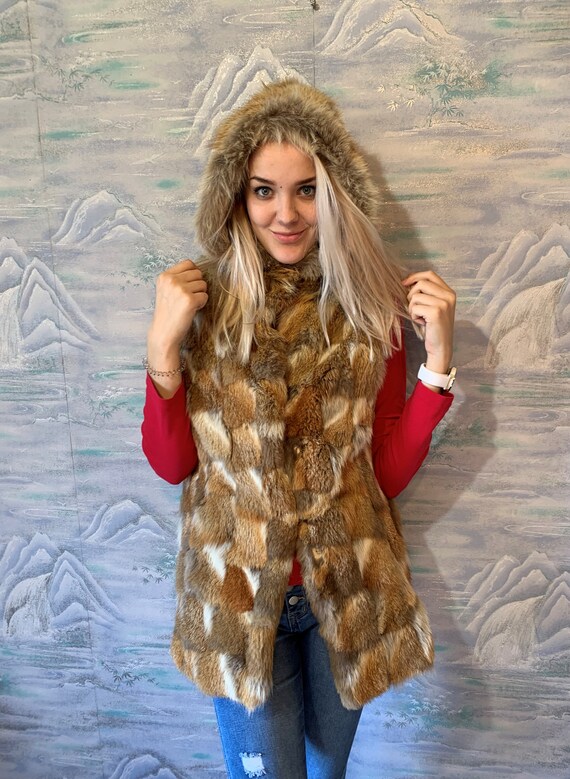 Cropped Fox Hooded Fur Vest Fur Gilet 
