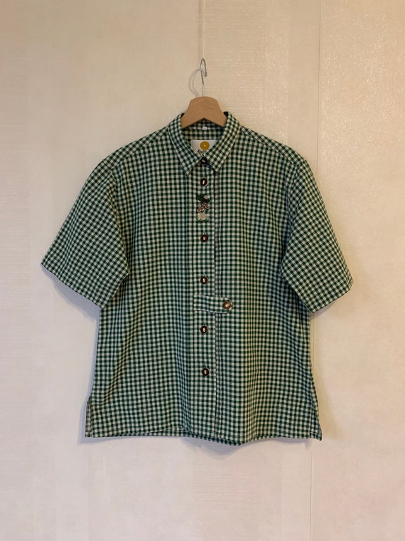 Vintage Gray Moss Green Women Checkered Blouse Lod