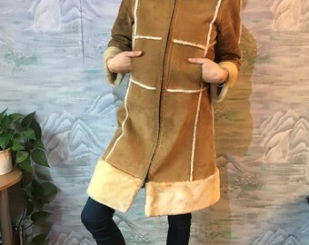 Sand Brown Suede Leather Coat Warm  Pig Split Leather Outerwear Brown Trench with Fur Warm Ladies Winter Coat Size Medium