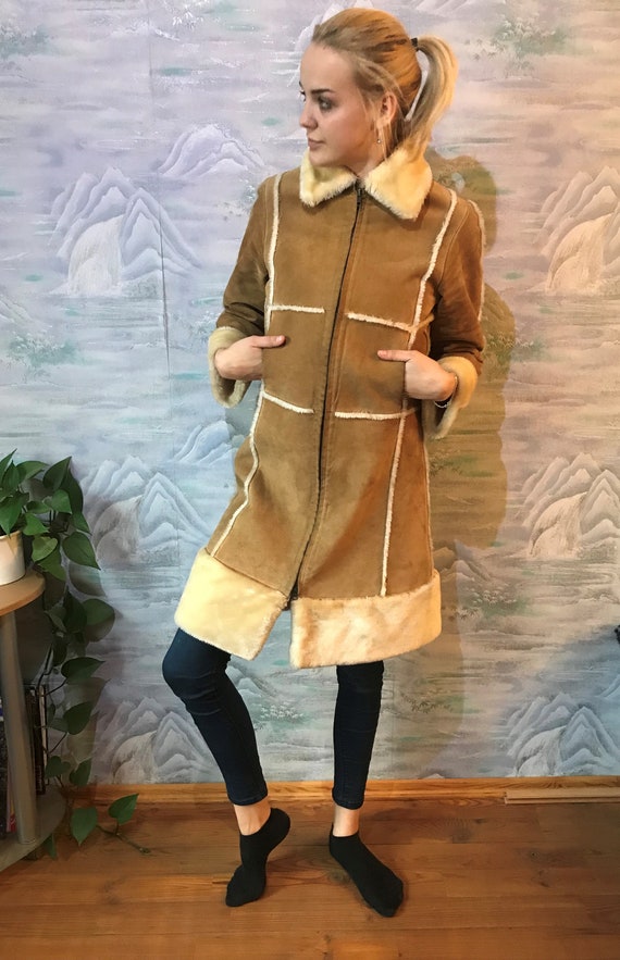 Sand Brown Suede Leather Coat Warm  Pig Split Leat