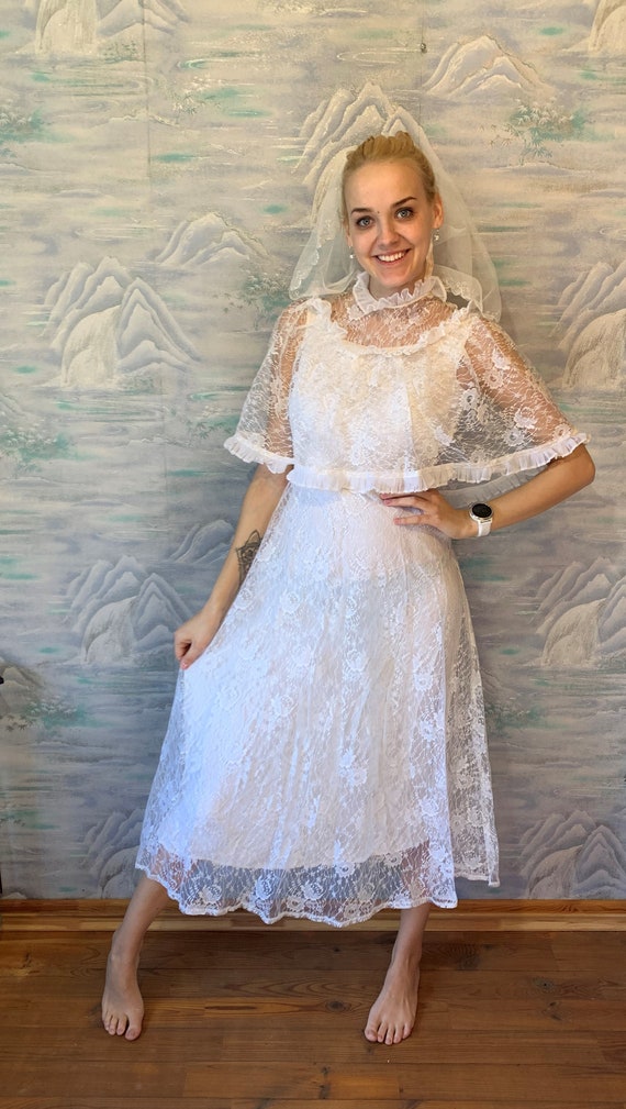 illusion neckline short wedding dress Vintage Dot Tulle 3/4 Sleeves Illusion Neck Tea-Length Wedding Gown