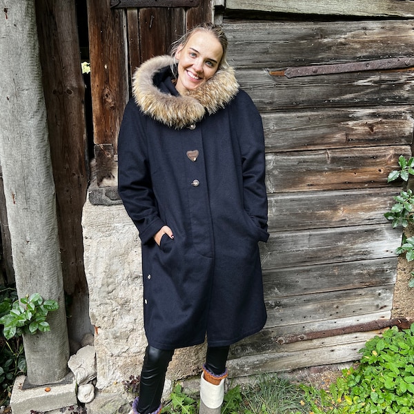 Vintage Womens Loden Coat Dark Blue Hooded Wool Dirndl Coat Womens Trachten Coat Size Large to Extra Large Size Austrian Autumn Coat