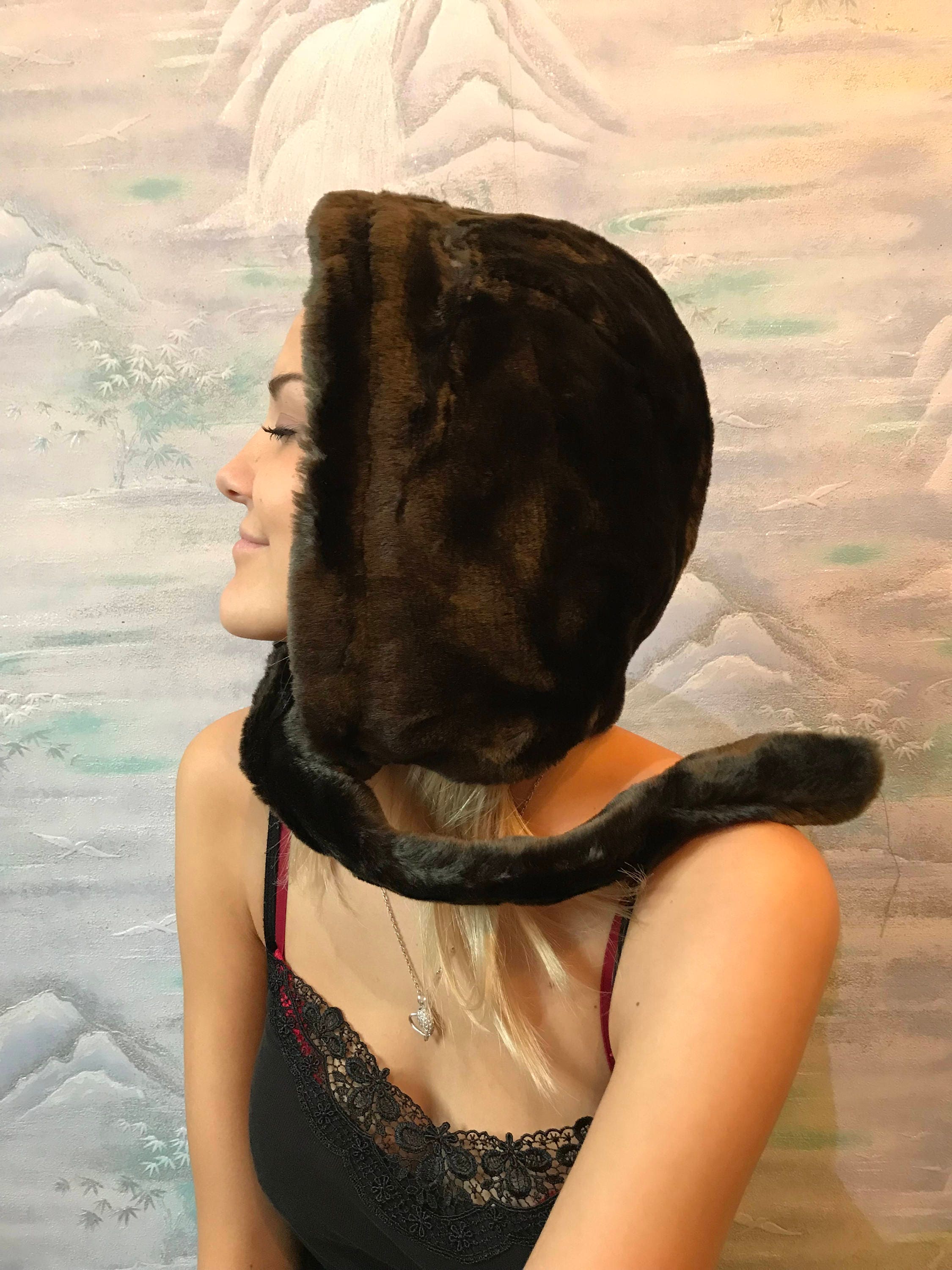 Vintage Brown Long Fur Hat Made in Italy Genuine Soft Fluffy Pom Pom Warm‎ 70s 1970s shearling fur winter hat with pom pom ties. leather  main image 2