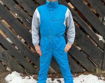 Vintage Mens Ski Suit Blue One Piece Jumpsuit Retro Snowsuit Hipster Winter Wear Size Medium Winter Sport Jumpsuit Skiing Suit