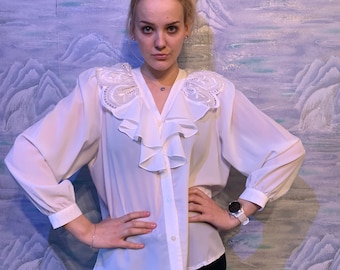 Ivory White Blouse Elegant Shirt Secretary's Blouse Elegant Creamy Long Sleeves Blouse Blouse Office Formal Wear Medium to Large Size