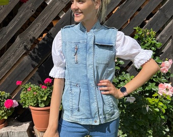 Womens Denim Vest Blue Zipper Up Jeans Vest Fitted Waistcoat Metal Buttons Size Small to Medium
