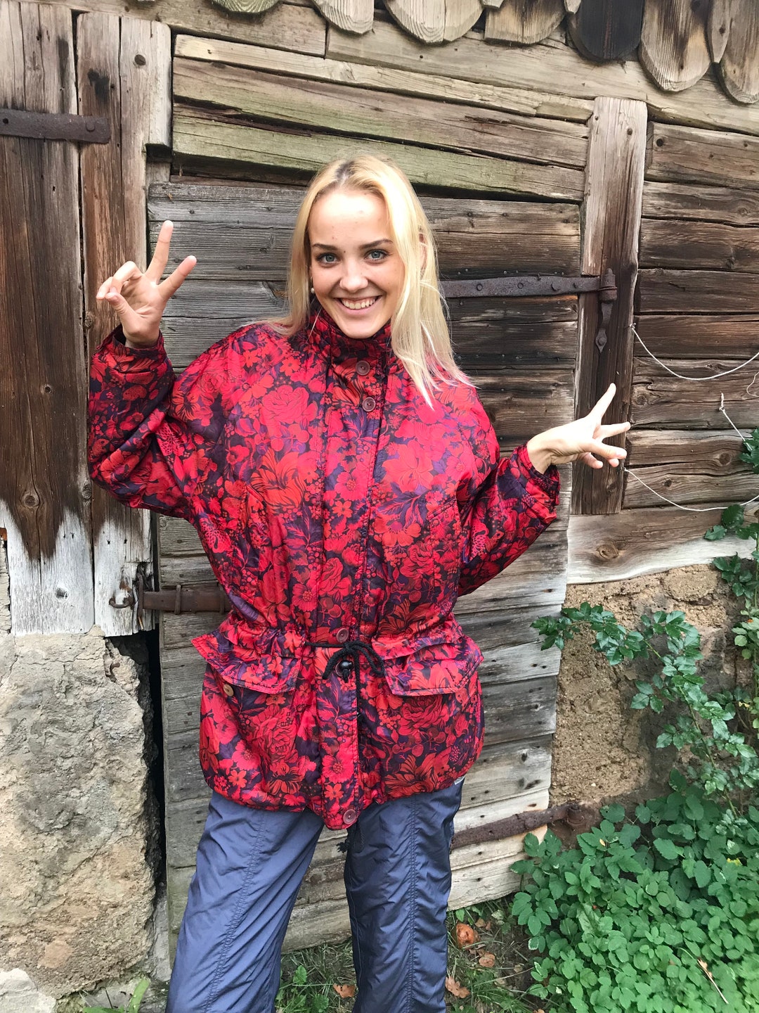 80s 90s Ski Suit Jacket Red Hipster Winter Jacket Abstract Print