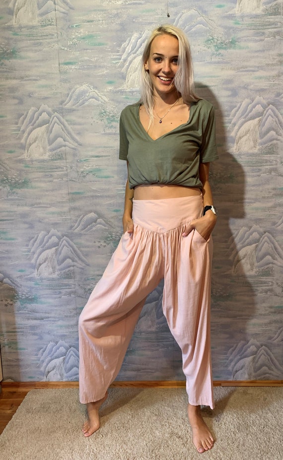 Vintage Turquoise Pale Pink Summer Pants High Wais