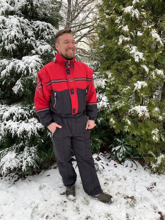 80s One Piece Ski Suit Hot Red Black Snowsuit Winter Wear Snow