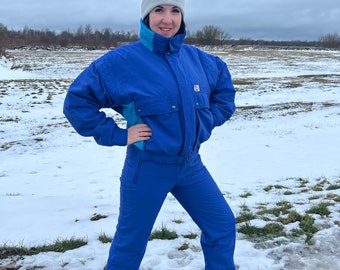 Vintage Unisex Ski Suit Blue  Two - Part One Piece Jumpsuit Retro Snowsuit Hipster Winter Wear Large Size Winter Sport Jumpsuit Skiing Suit