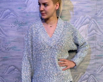 Women's Light Blue Sweater Vintage 90s Sweater Light Chunky Sweater Knitted Cosby Sweater Pattern Pullover Size Medium