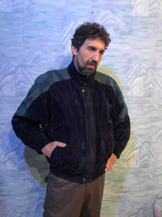 Vintage blue velvet jacket Mens bombe jacket Short