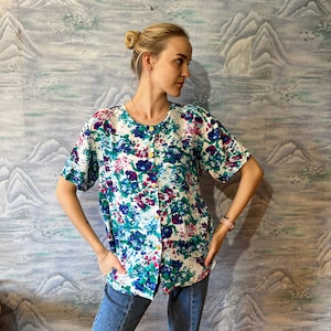 Vintage Extra Large Women's Blouse Short Sleeve Shirt Patterned Shirt Comfortable Vacation Blouse Flowers print Summer Shirt Grandma Shirt