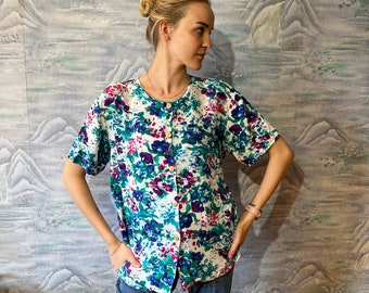 Vintage Extra Large Women's Blouse Short Sleeve Shirt Patterned Shirt Comfortable Vacation Blouse Flowers print Summer Shirt Grandma Shirt
