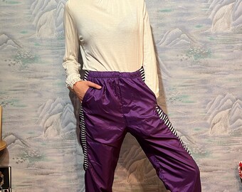 Vintage Purple Running Pants with Lining High Waist Colorful Breakaway Windbreaker Track Pants Running Trousers Size Large to Extra Large