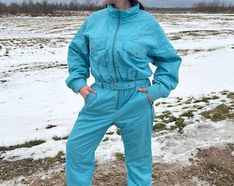 Vintage Unisex Ski Suit GreenBlue One Piece Jumpsuit Retro Snowsuit Hipster Winter Wear Large to Extra Large Size Winter Sport Skiing Suit