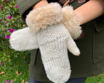 Women's Ivory White Knitted Mittens Faux Fur Knit Glove