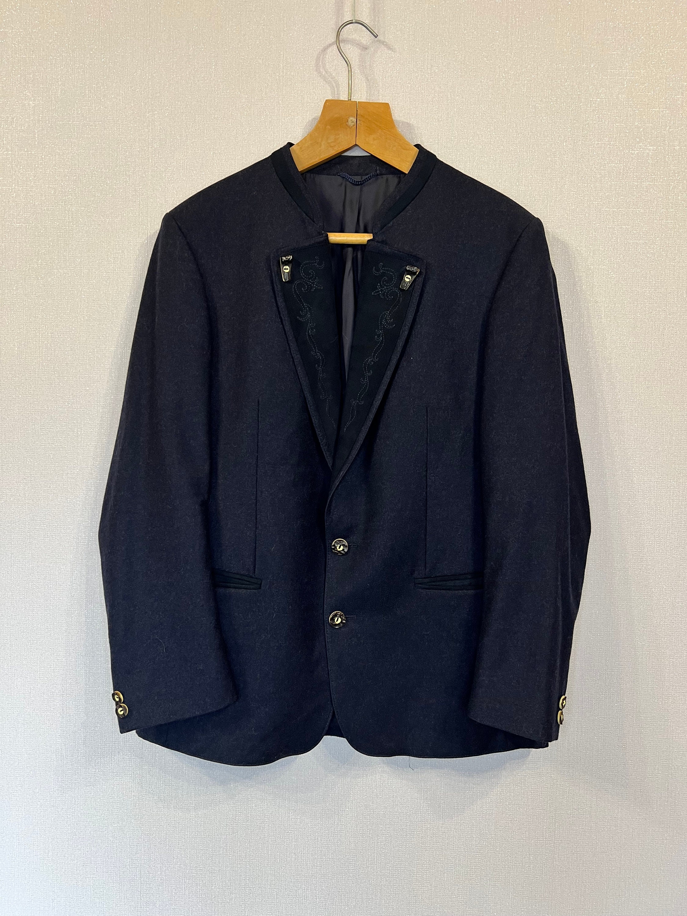 Mens Pure New Wool Blue Embroidered Blazer Dark Trachten