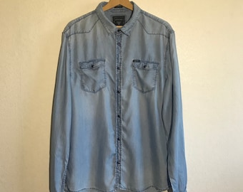 Vintage Western Guess Blue Jeans Shirt Men's Denim Shirt Long Sleeve Cotton Button up Shirt Cowboy Denim Jean Jacket Boyfriend Shirt Large