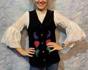 Vintage Womens Embroidered Velvet Vest Patterned Formal Waistcoat Steampunk Medium Size Vest