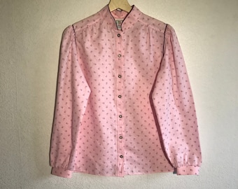 Vintage Austrian Formal Shirt Long Sleeve Dirndl Blouse Pink Flowered Shirt Folk Traditional Bavarian Shirt Size Medium Trachten Blouse