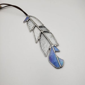 Large Single Stained Glass Feather Sun Catcher - Clear Textures Mix with Iridescent Blue Tip