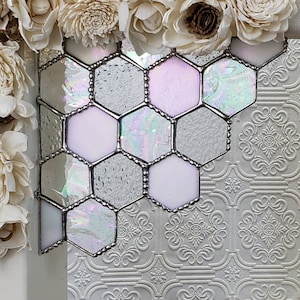 Stained Glass Honeycomb Corner Suncatcher: Iridescent Beehive Decor