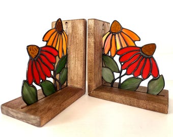 Stained Glass Coneflower Bookends: Maple Wood Library Decor