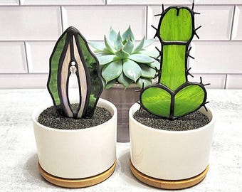 Stained Glass Set Potted Male Cactus (Cocktus) and Female Cactus (Cuntus)