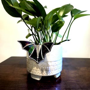 May include: A stained glass bat pendant with iridescent wings is displayed in front of a potted plant. The bat has a silver-colored metal frame. The plant is in a white ceramic pot with a textured design. The background is a dark wooden surface.