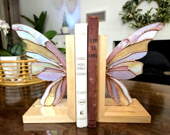 Stained Glass Fairy Wing Bookends: Iridescent Maple Wood Library Decor