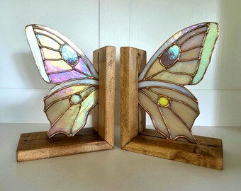 Stained Glass Butterfly Wing Bookends: Iridescent Maple Wood Library Decor