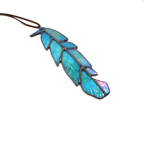 Large Single Stained Glass Feather Sun Catcher - Iridescent Aqua