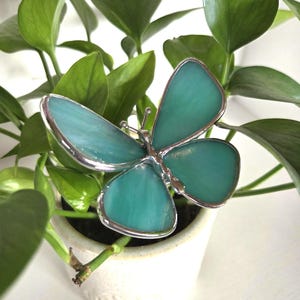 May include: A teal-colored butterfly decoration with a silver-colored metal outline, resting on a green plant. The butterfly has four wings and a detailed body. The plant is in a small, white ceramic pot.