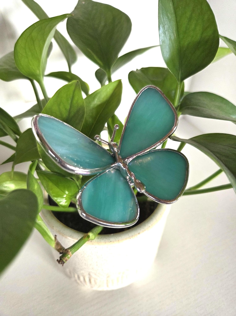 May include: A teal-colored butterfly decoration with a silver-colored metal outline, resting on a green plant. The butterfly has four wings and a detailed body. The plant is in a small, white ceramic pot.