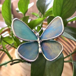 May include: A handcrafted butterfly ornament with iridescent blue and green wings, framed by a silver metal outline. The butterfly is set against a backdrop of green leaves, suggesting a nature-inspired theme. The wings have a translucent quality.