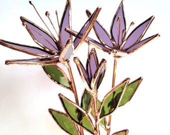Stained Glass Flower Bouquet: Copper Patina, Purple Blooms Handmade