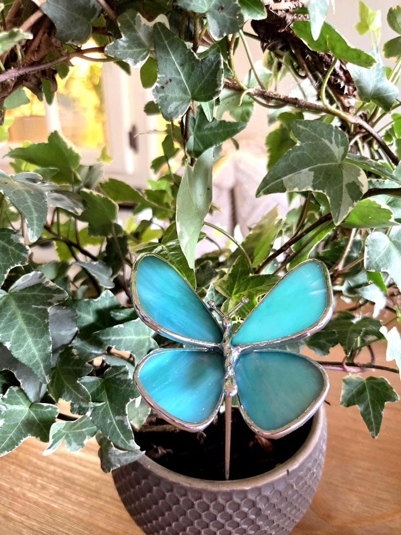 May include: A decorative butterfly stake with turquoise glass wings and a silver-colored metal frame. The butterfly is placed in a small, textured, dark gray pot with green and white ivy plants. The pot sits on a wooden surface.