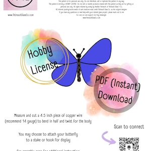 Puede incluir: Un patrón de descarga digital para una mariposa 3D de vidrieras. La imagen incluye una ilustración de mariposa azul, el texto "Hobby License" e instrucciones para medir y cortar un trozo de alambre de cobre de 11,4 cm.