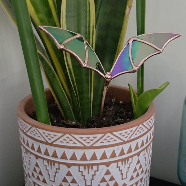 Stained Glass Black Iridescent Bat Plant Stake: Spooky Gothic Garden Decor