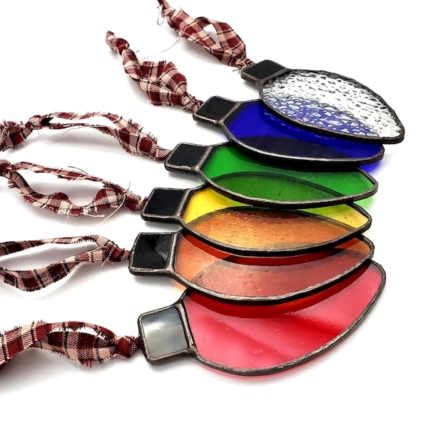 Up-cycled Church Glass Set of 6 -Christmas Light Bulb- Stained Glass Ornaments